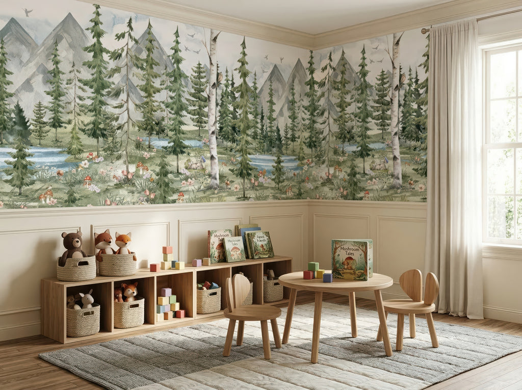 Pine & Birch Forest Lake wallpaper in a styled room, view 2
