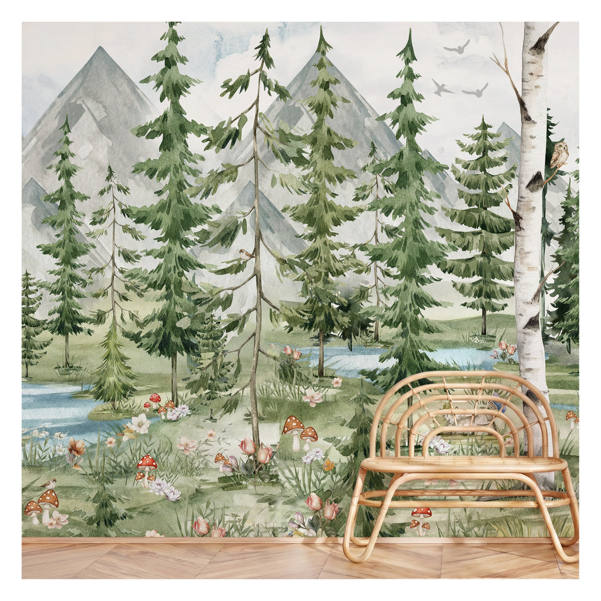 Pine & Birch Forest Lake wallpaper in a styled room, view 3