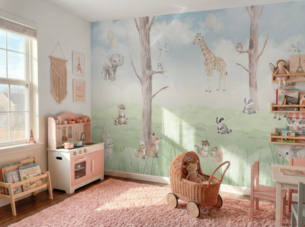 Pastel Trees & Woodland Animals wallpaper in a styled room, view 2