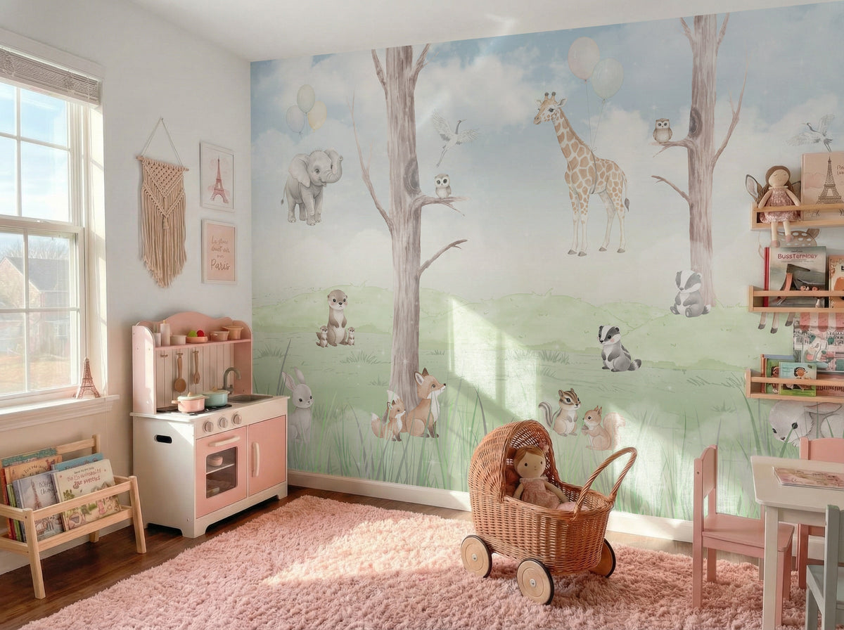 Pastel Trees & Woodland Animals wallpaper in a styled room, view 2