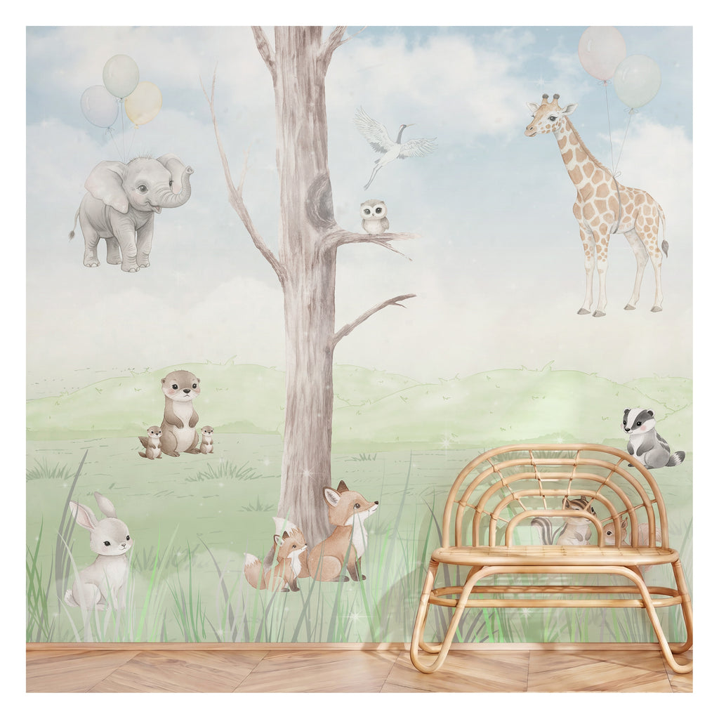 Pastel Trees & Woodland Animals wallpaper in a styled room, view 3
