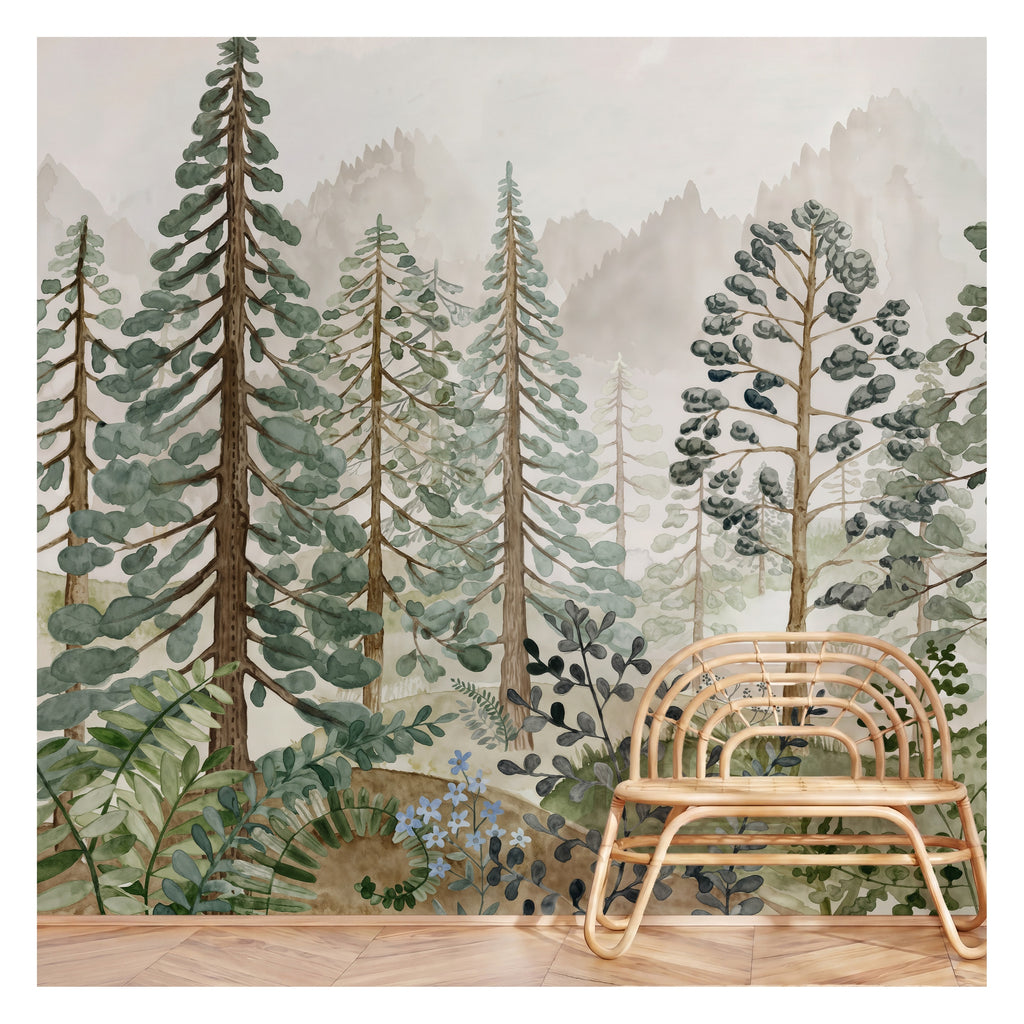 Misty Watercolor Pine Forest wallpaper in a styled room, view 1