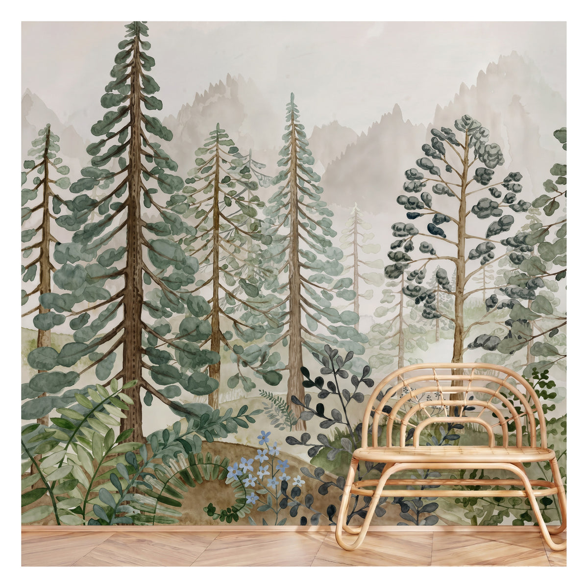 Misty Watercolor Pine Forest wallpaper in a styled room, view 1