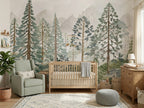 Misty Watercolor Pine Forest wallpaper in a styled room, view 2