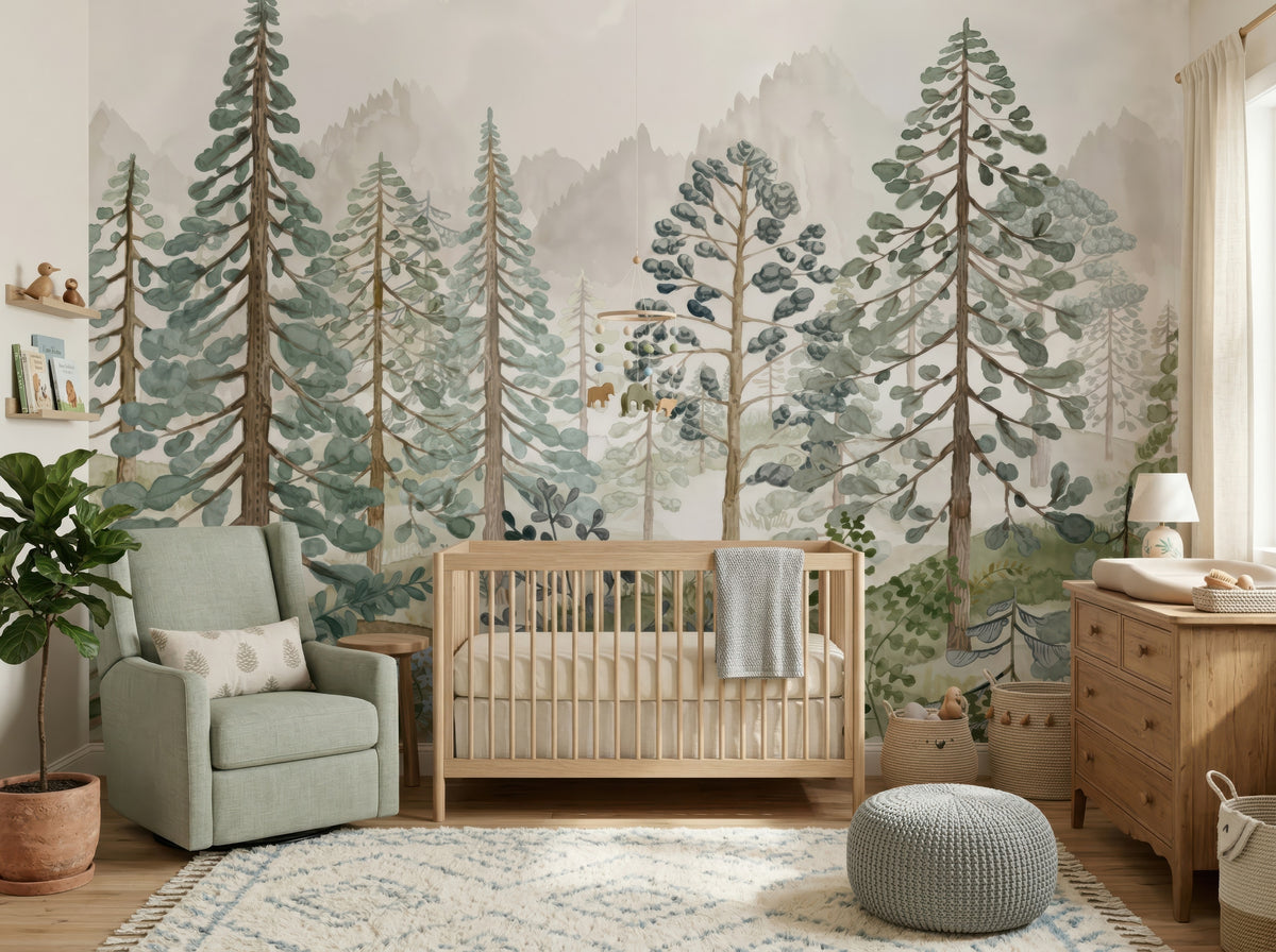 Misty Watercolor Pine Forest wallpaper in a styled room, view 2