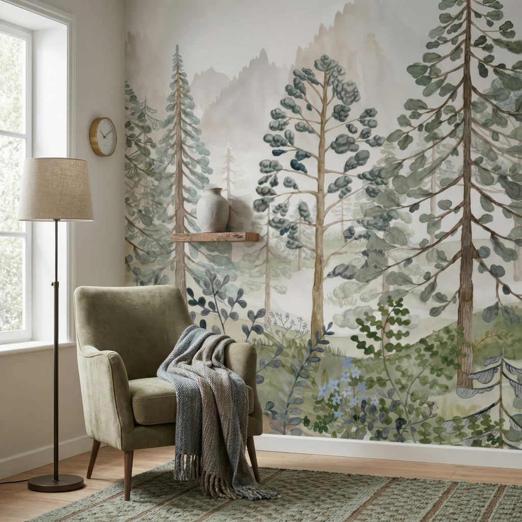Misty Watercolor Pine Forest wallpaper in a styled room, view 3