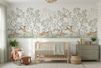 Soft Green Forest, Deer & Foxes wallpaper in a styled room, view 1