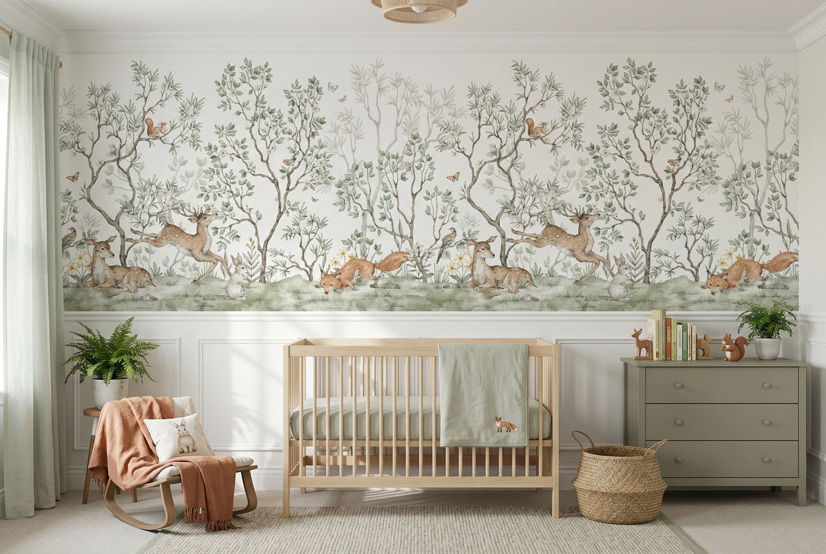 Soft Green Forest, Deer & Foxes wallpaper in a styled room, view 1