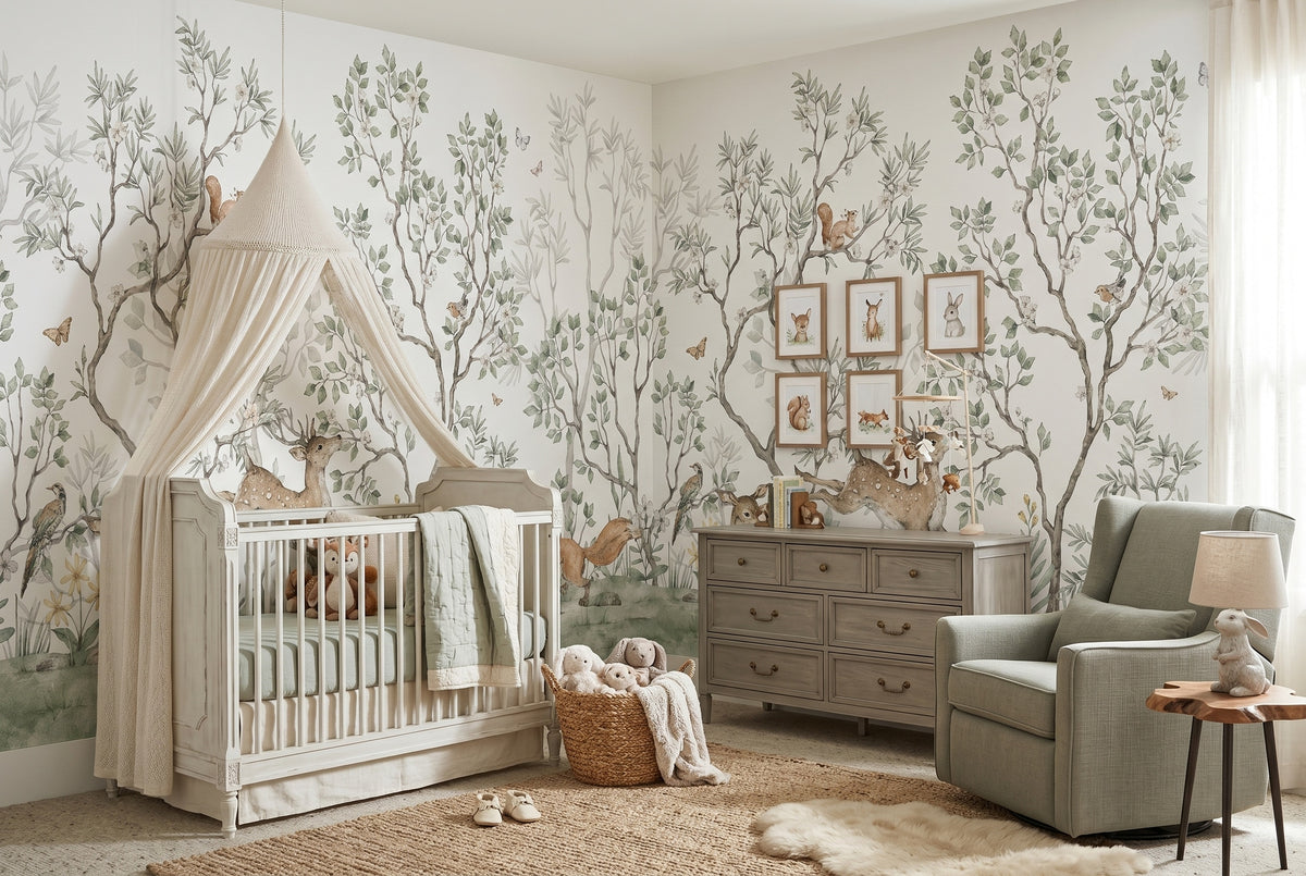 Soft Green Forest, Deer & Foxes wallpaper in a styled room, view 2