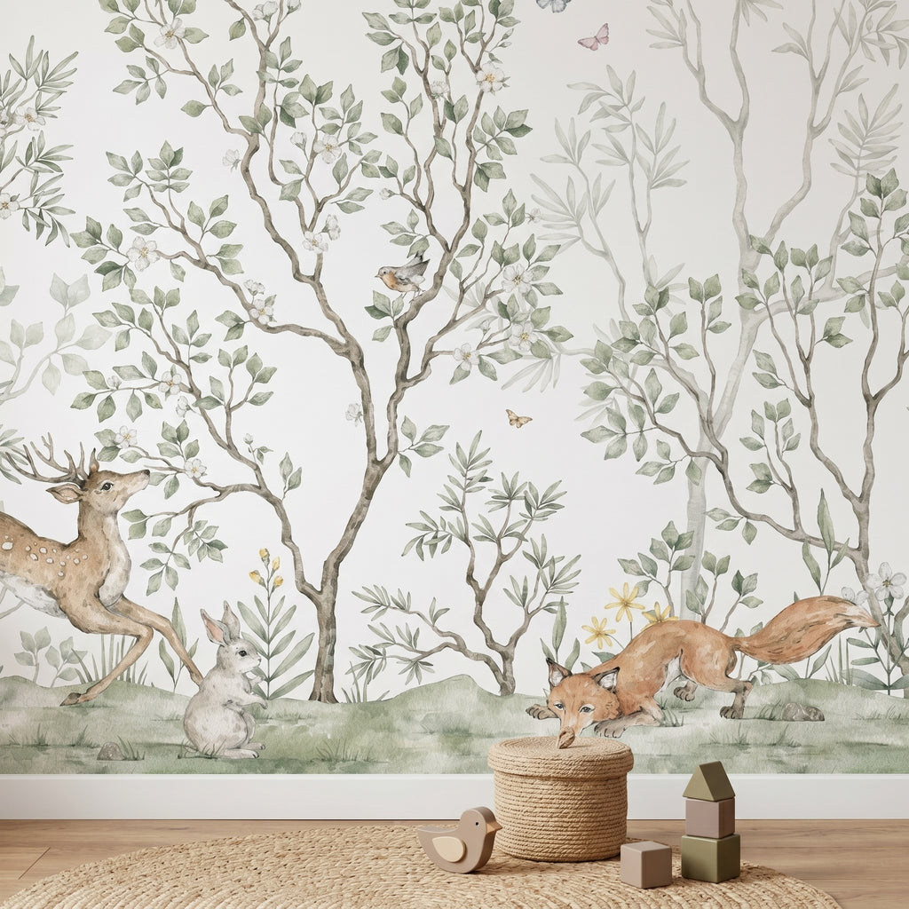 Soft Green Forest, Deer & Foxes wallpaper in a styled room, view 3