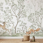 Soft Green Forest, Deer & Foxes wallpaper in a styled room, view 3