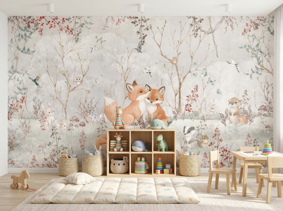 Fox Family in a Flowering Forest wallpaper in a styled room, view 1