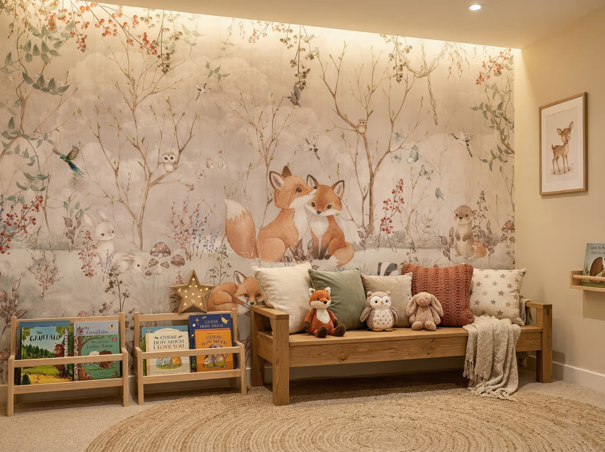 Fox Family in a Flowering Forest wallpaper in a styled room, view 2