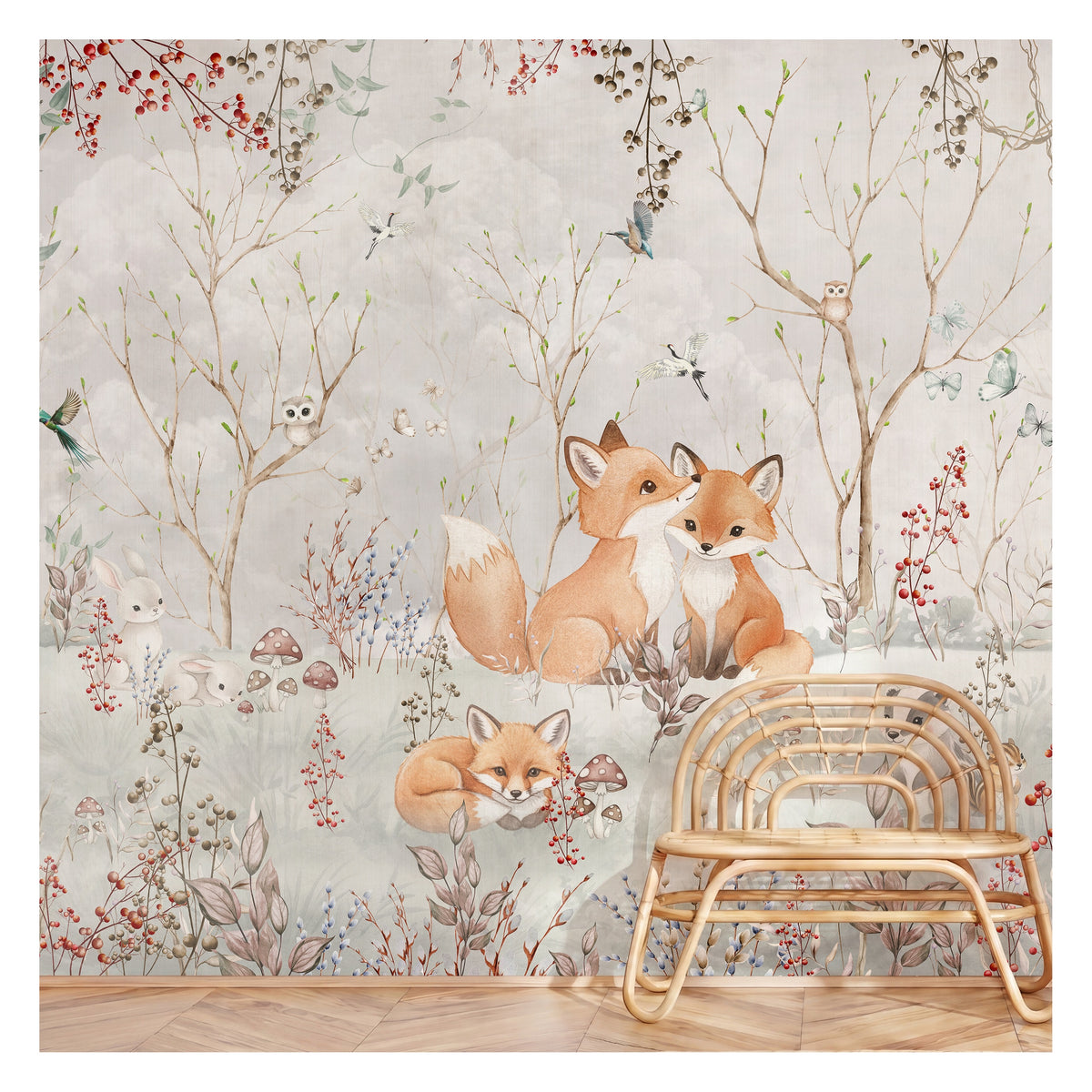 Fox Family in a Flowering Forest wallpaper in a styled room, view 3