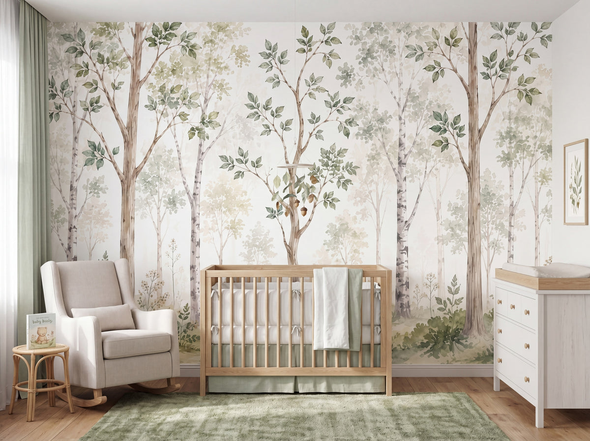 Soft Green Watercolor Woodland wallpaper in a styled room, view 1