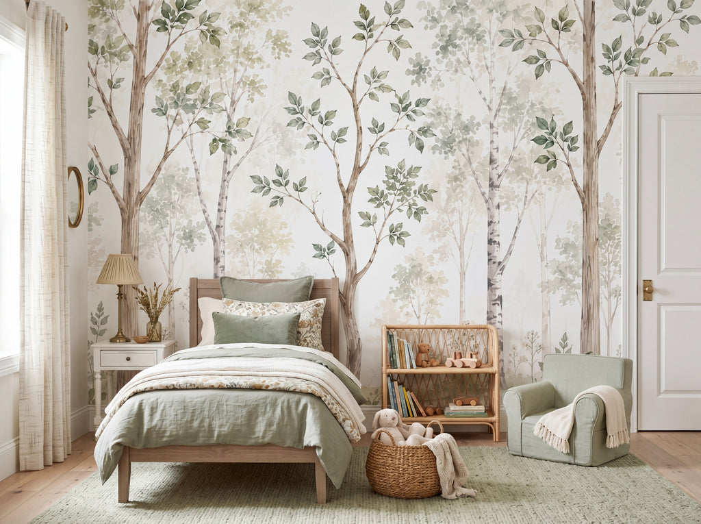 Soft Green Watercolor Woodland wallpaper in a styled room, view 2