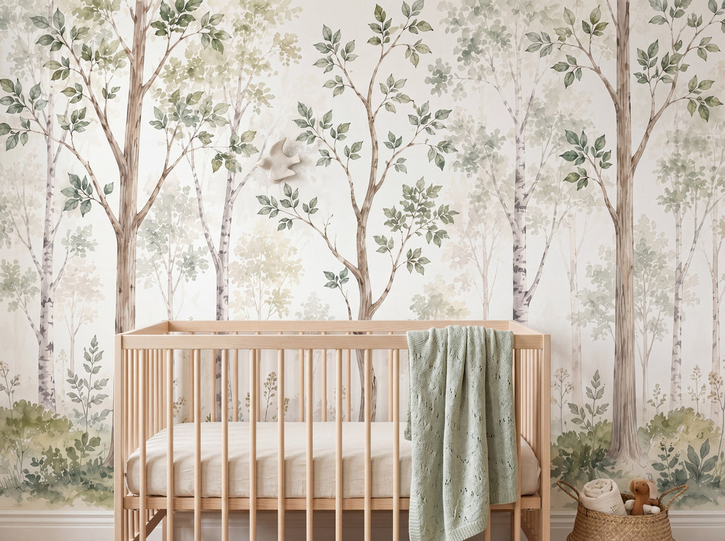 Soft Green Watercolor Woodland wallpaper in a styled room, view 3