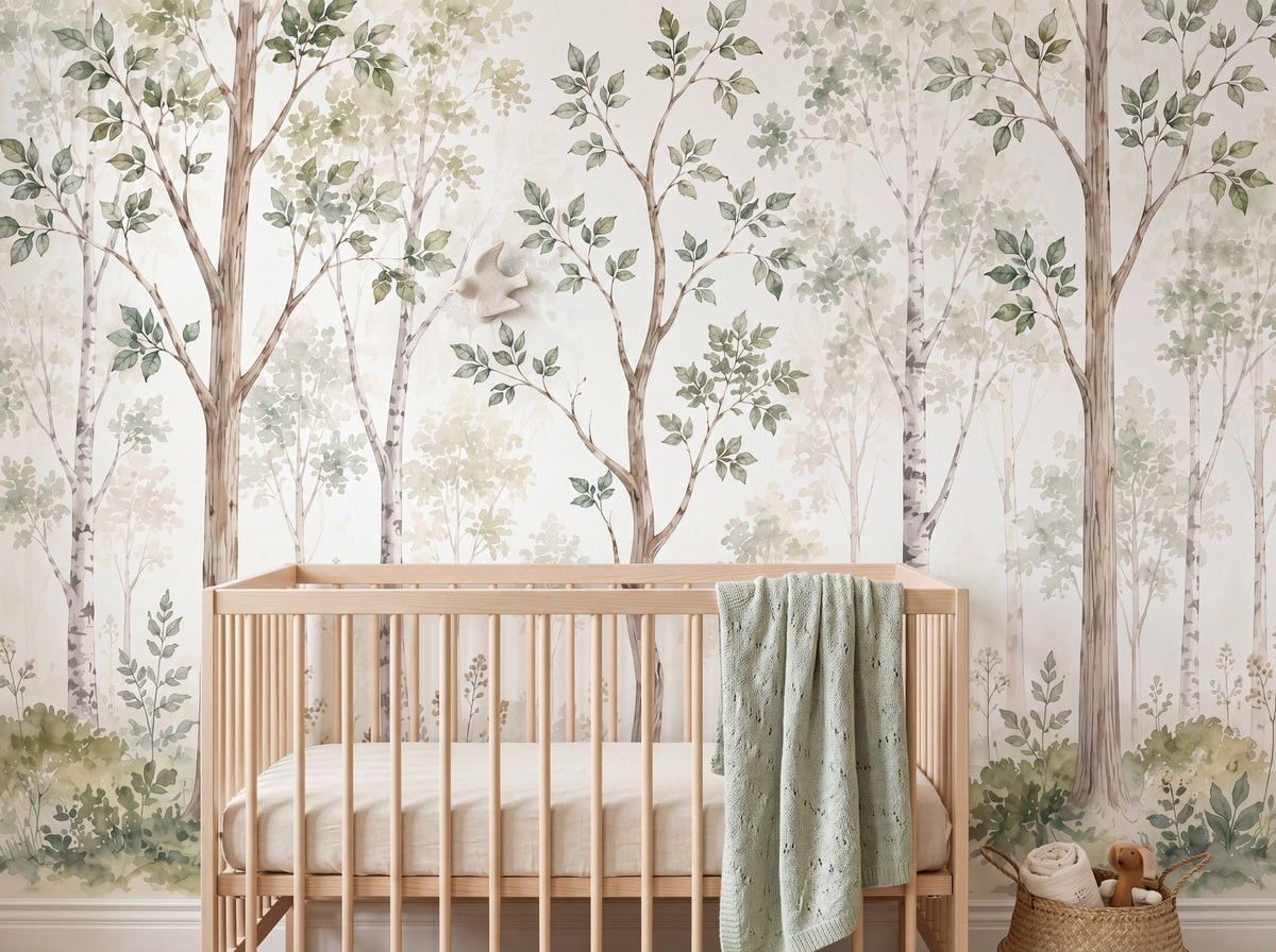 Soft Green Watercolor Woodland wallpaper in a styled room, view 3
