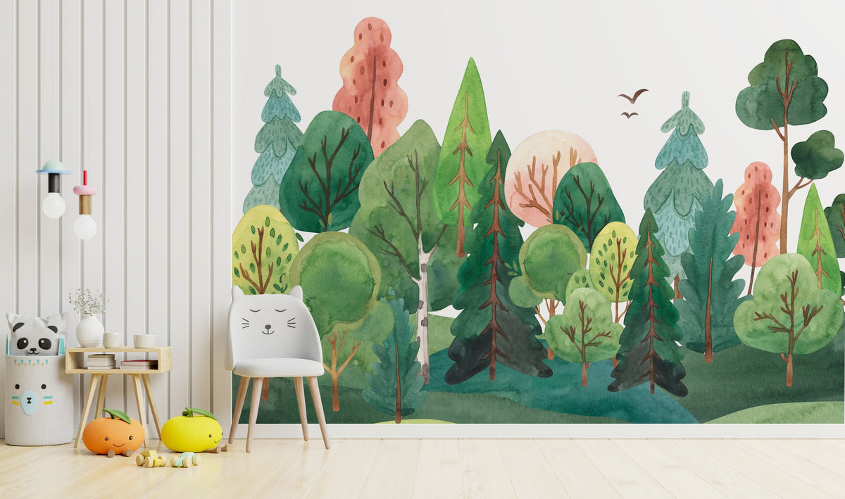 Colorful Enchanted Forest wallpaper in a styled room, view 2