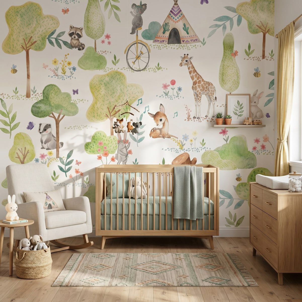 Woodland Camping & Animal Friends wallpaper in a styled room, view 1
