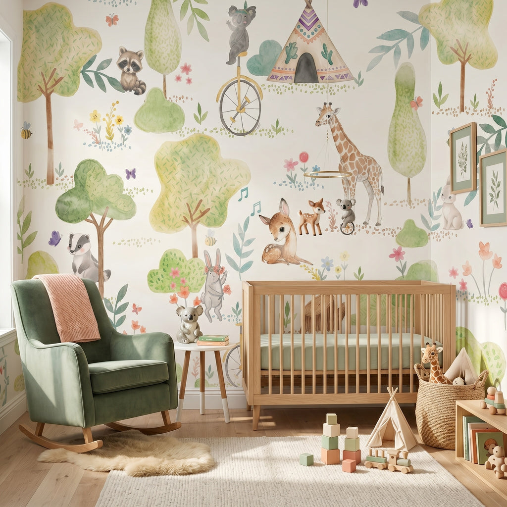 Woodland Camping & Animal Friends wallpaper in a styled room, view 2