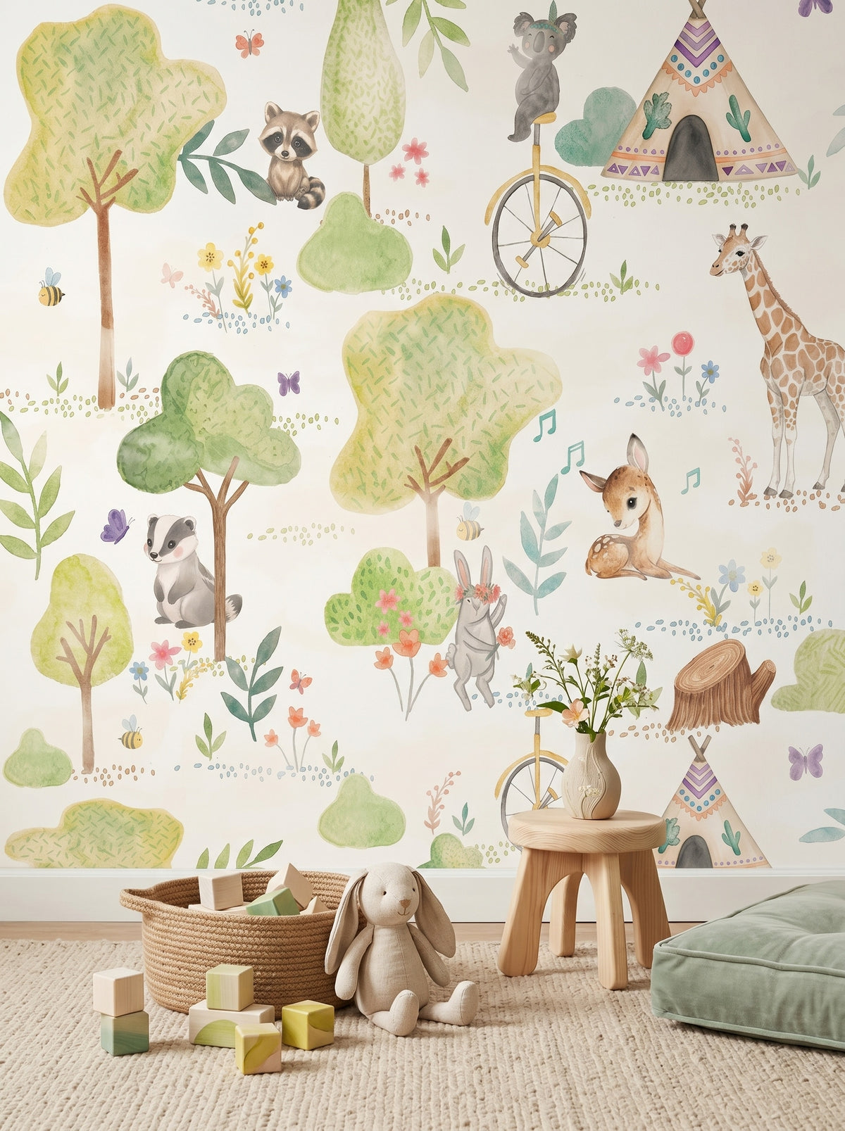 Woodland Camping & Animal Friends wallpaper in a styled room, view 3