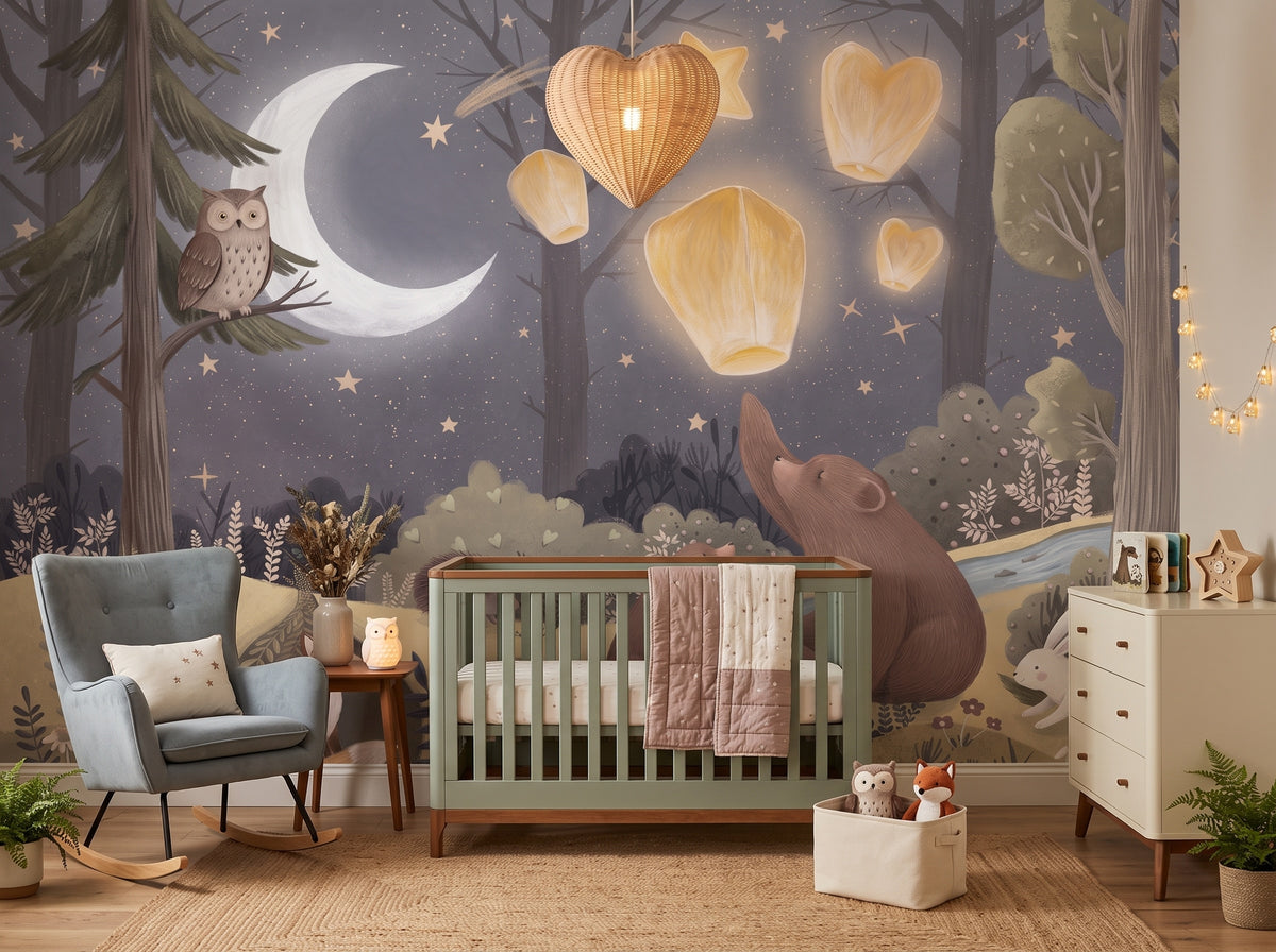Moonlit Forest & Floating Lanterns wallpaper in a styled room, view 2