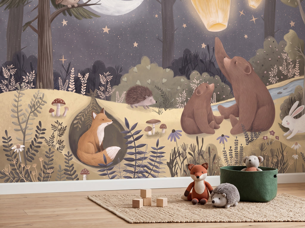 Moonlit Forest & Floating Lanterns wallpaper in a styled room, view 3