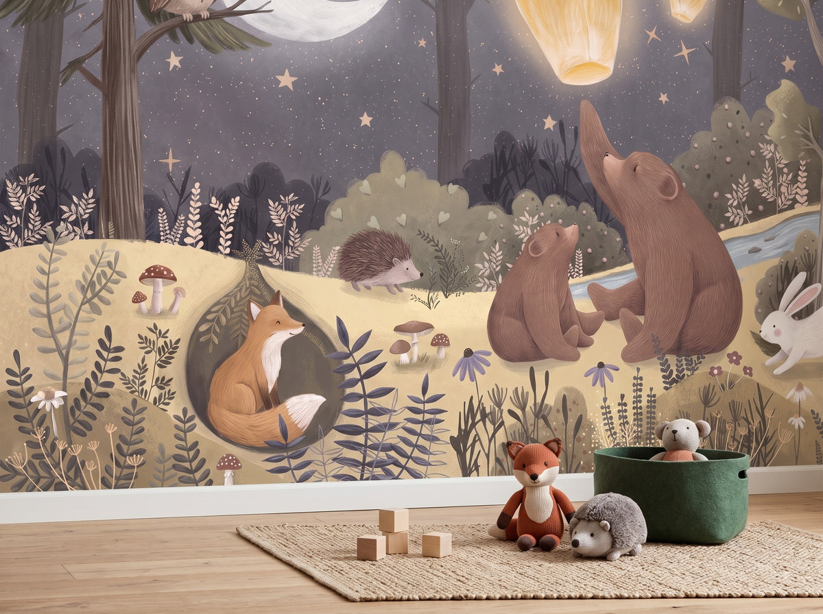 Moonlit Forest & Floating Lanterns wallpaper in a styled room, view 3