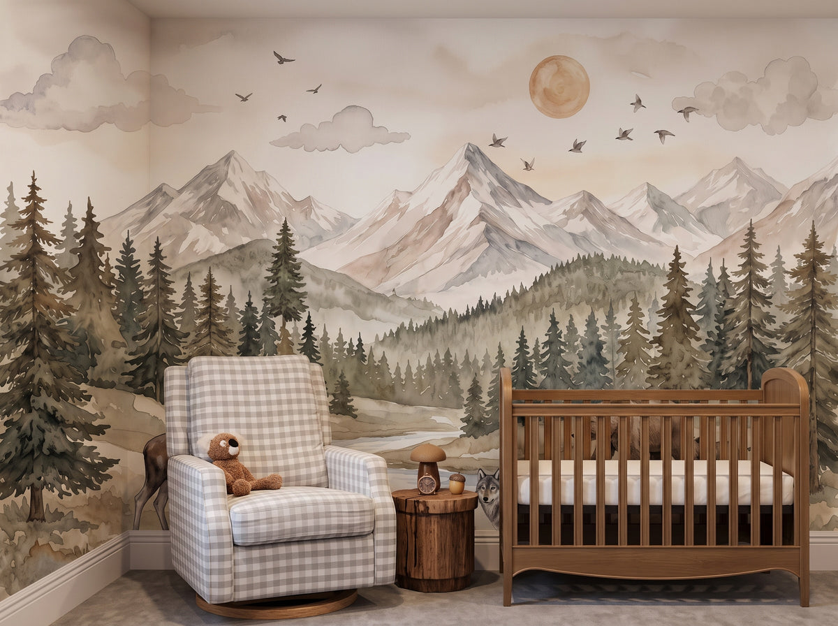 Mountain Lake & Woodland Animals wallpaper in a styled room, view 2