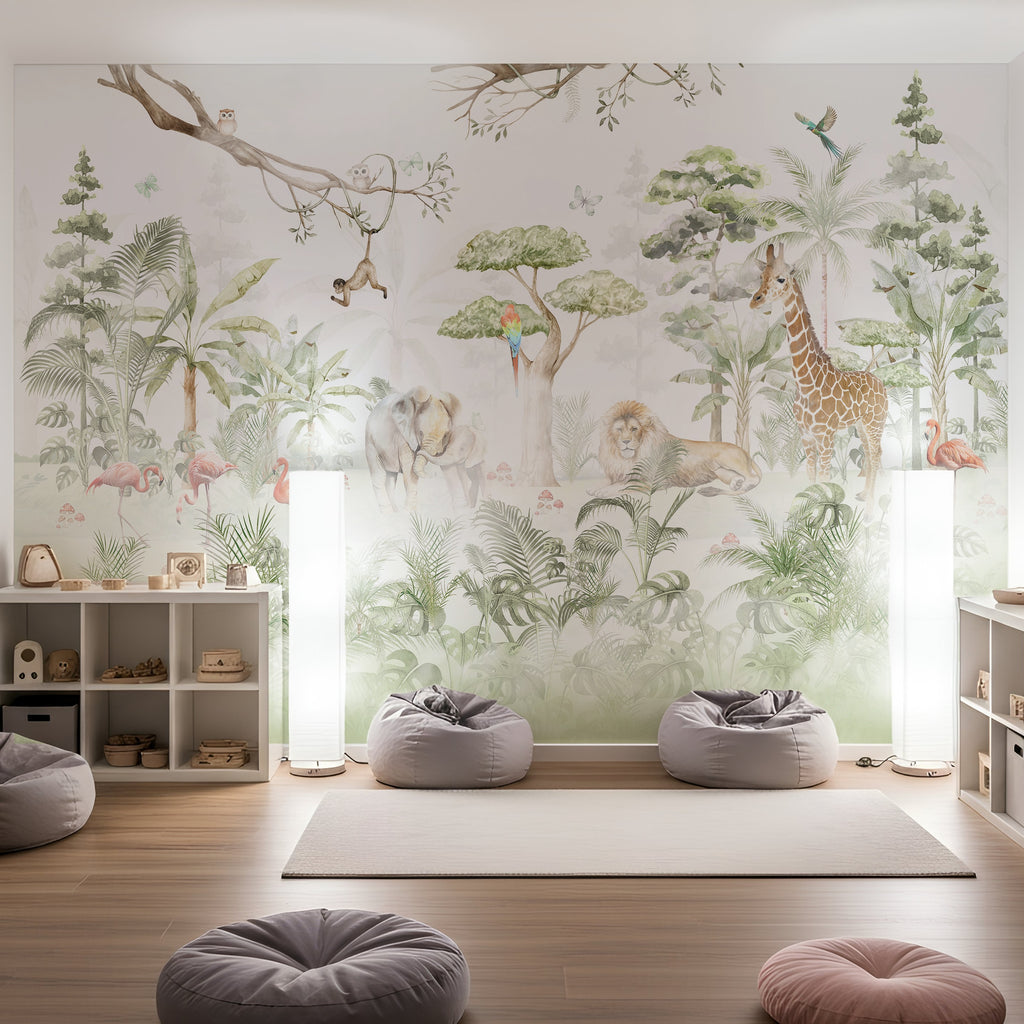 Sage Watercolor Safari Animals wallpaper in a styled room, view 2