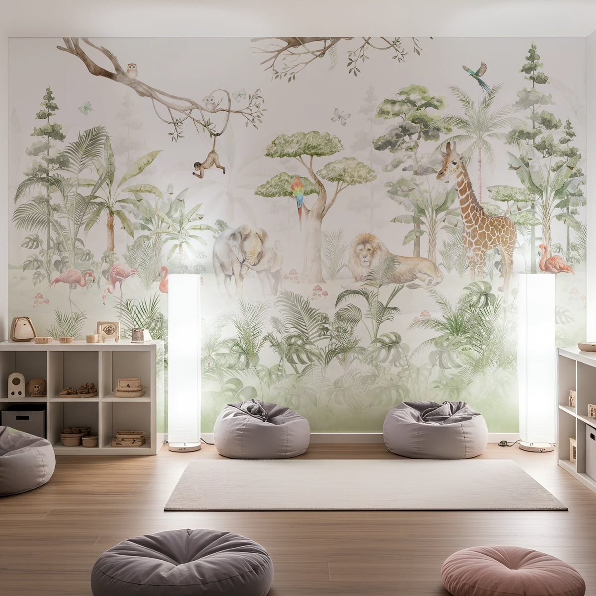 Sage Watercolor Safari Animals wallpaper in a styled room, view 2