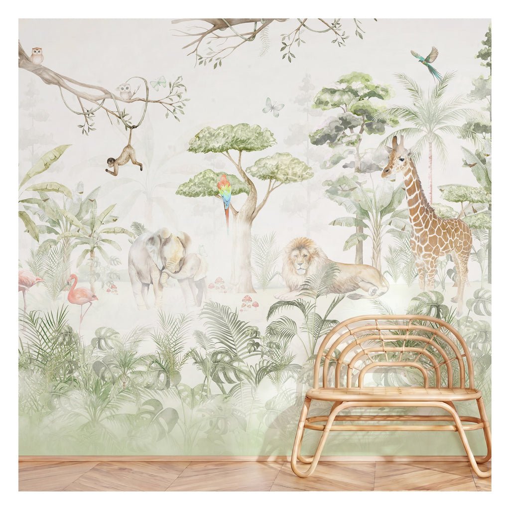 Sage Watercolor Safari Animals wallpaper in a styled room, view 3