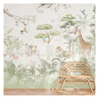 Sage Watercolor Safari Animals wallpaper in a styled room, view 3