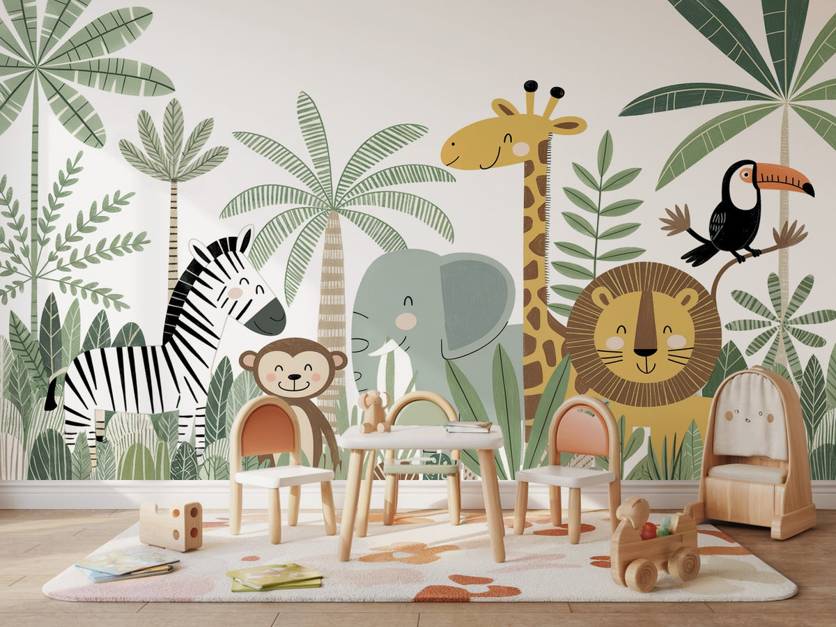 Happy Safari, Giraffe, Elephant & Lion wallpaper in a styled room, view 2