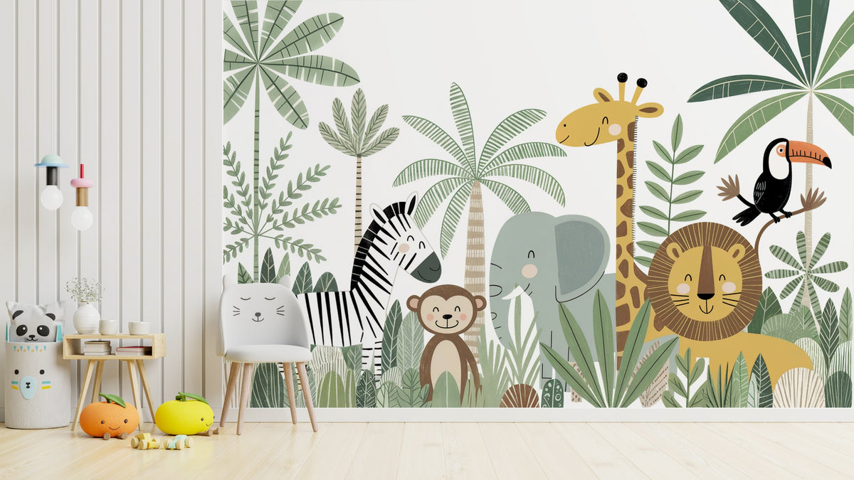 Happy Safari, Giraffe, Elephant & Lion wallpaper in a styled room, view 3
