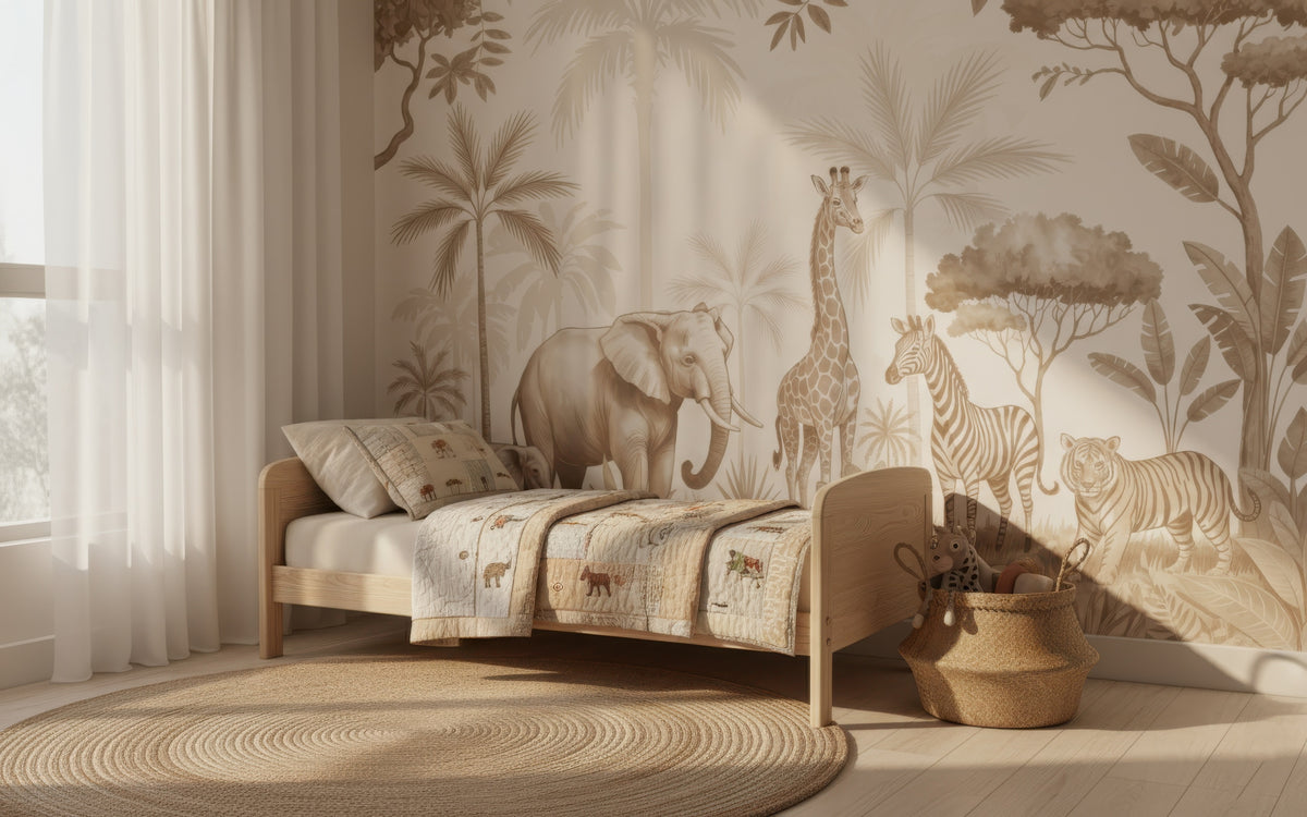 Beige Safari, Elephant & Giraffe wallpaper in a styled room, view 1
