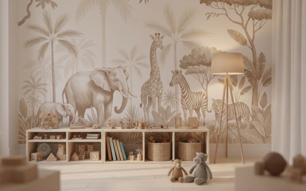 Beige Safari, Elephant & Giraffe wallpaper in a styled room, view 2