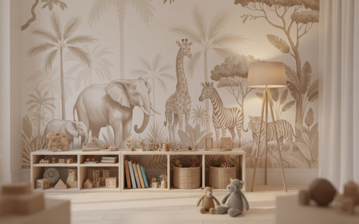Beige Safari, Elephant & Giraffe wallpaper in a styled room, view 2