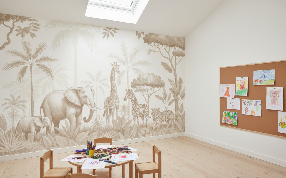 Beige Safari, Elephant & Giraffe wallpaper in a styled room, view 3