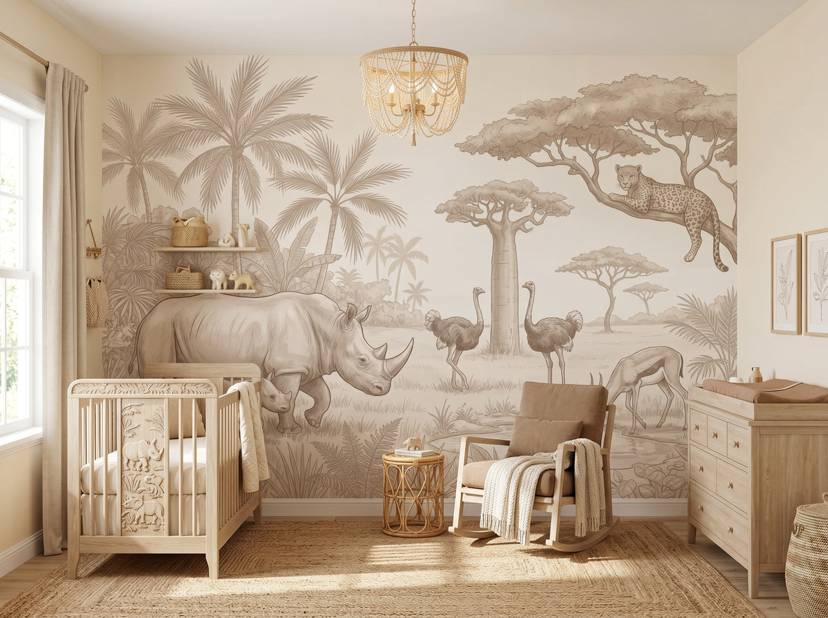 Beige Rhino Family Safari wallpaper in a styled room, view 1