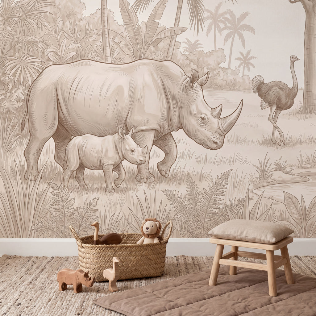 Beige Rhino Family Safari wallpaper in a styled room, view 2