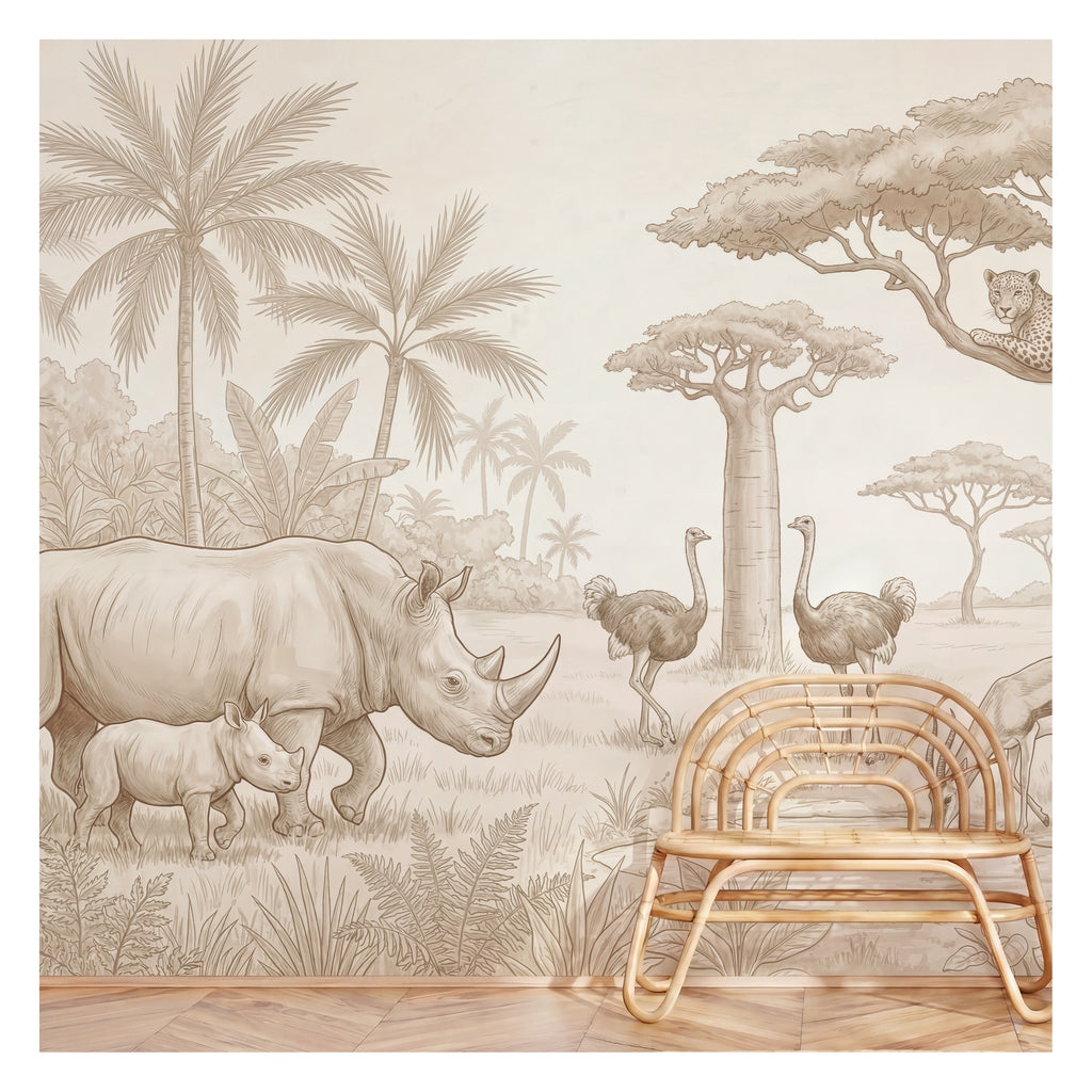 Beige Rhino Family Safari wallpaper in a styled room, view 3