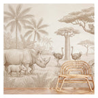 Beige Rhino Family Safari wallpaper in a styled room, view 3