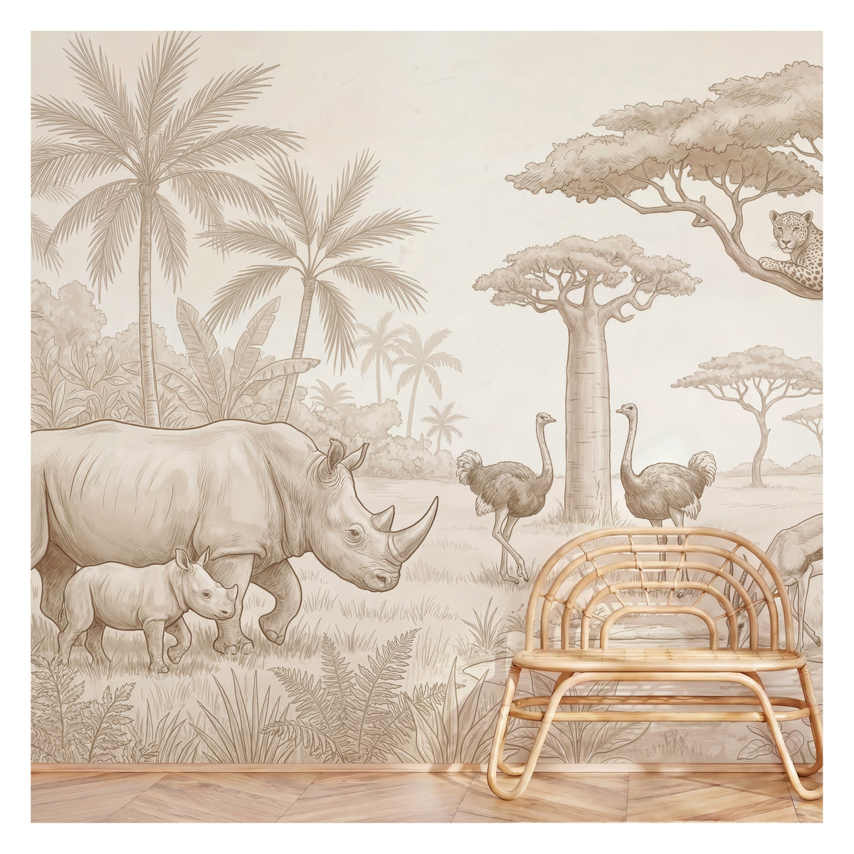 Beige Rhino Family Safari wallpaper in a styled room, view 3