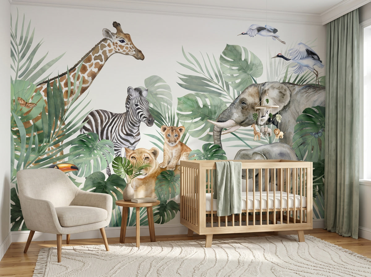 Tropical Leaves & Safari Friends wallpaper in a styled room, view 1