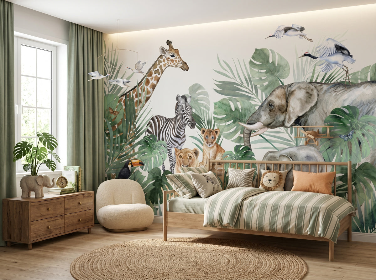 Tropical Leaves & Safari Friends wallpaper in a styled room, view 2