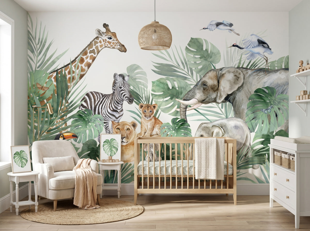 Tropical Leaves & Safari Friends wallpaper in a styled room, view 3