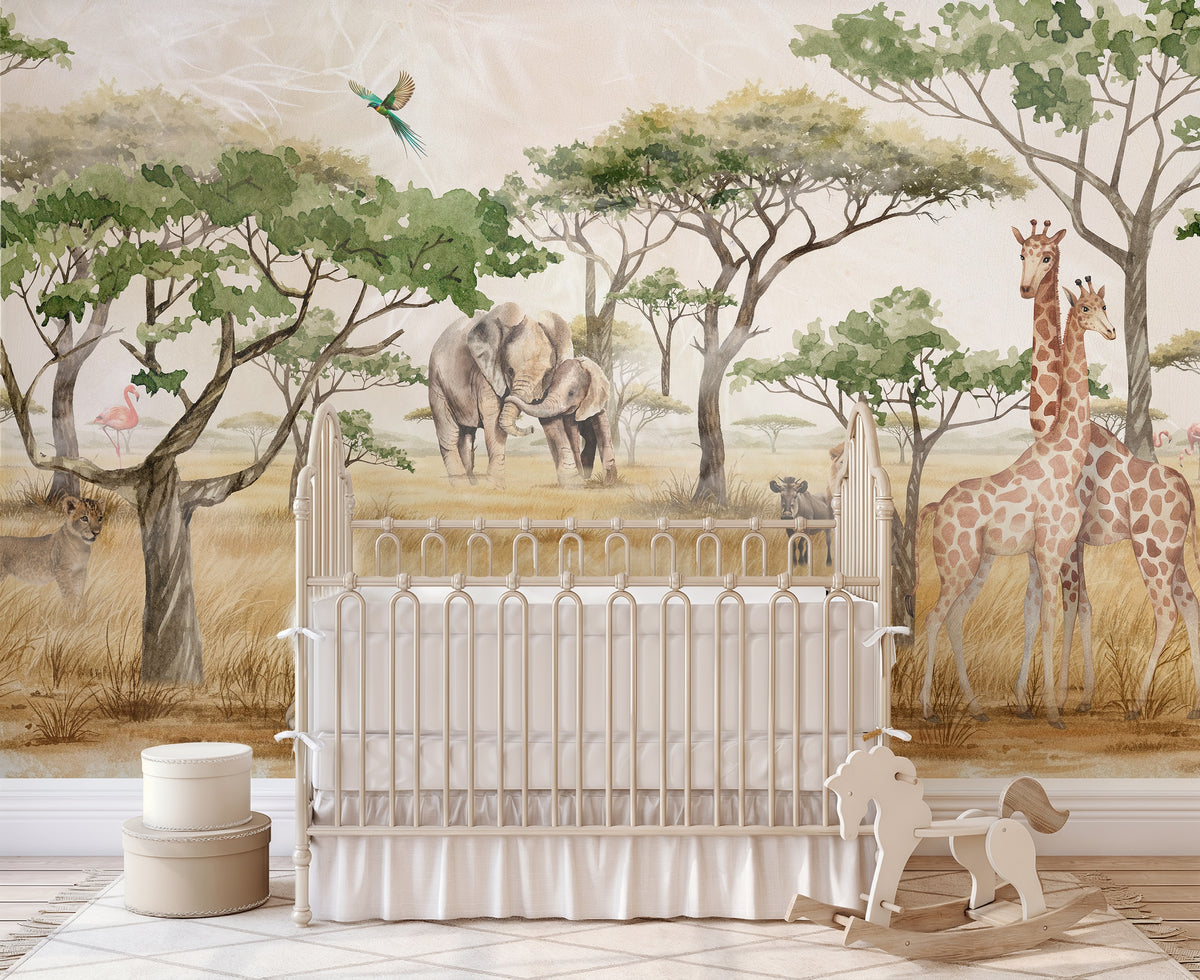 Acacia Trees & Safari Landscape wallpaper in a styled room, view 1