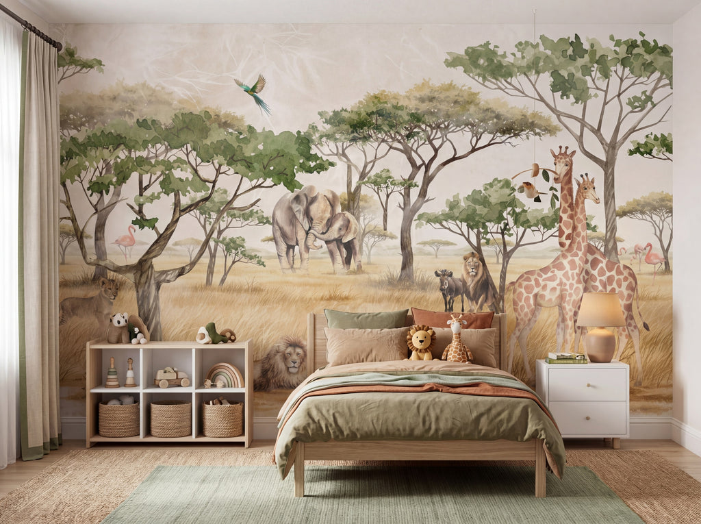 Acacia Trees & Safari Landscape wallpaper in a styled room, view 2
